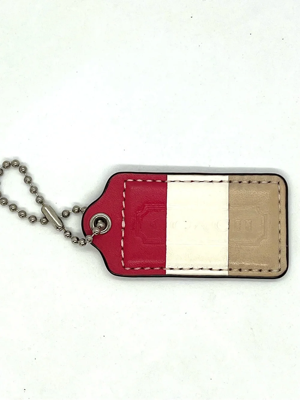 Coach Leather Hang Tag Keychain Charm Colorblock Dark Pink White Beige Bag Fob